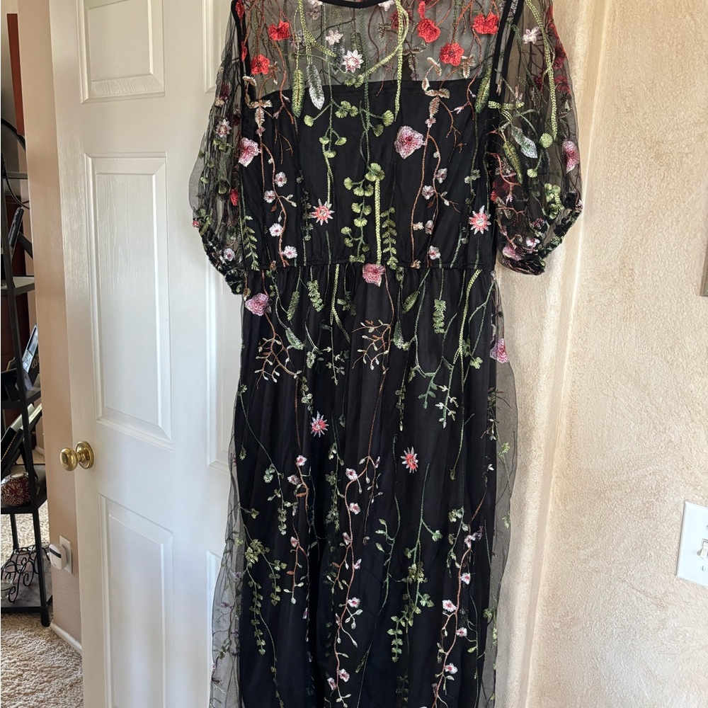 Floral Embroidered Black Dress